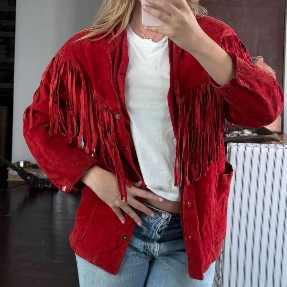 Vintage‎ Red Genuine Suede Western Fringe Leather Jacket